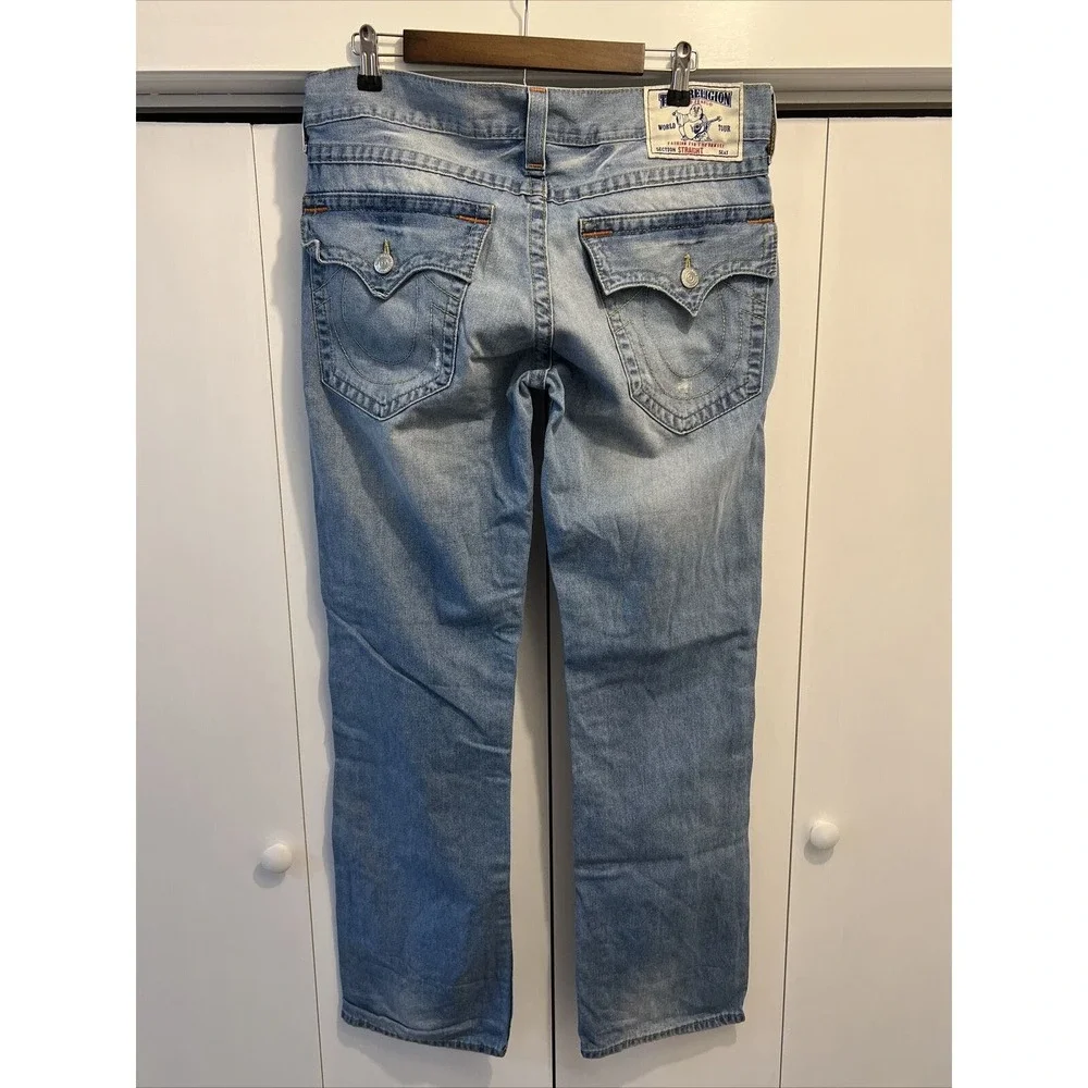 True Religion Jeans Men's 36x34 Blue Denim Straight w/Flaps Retro Rock Skater 34